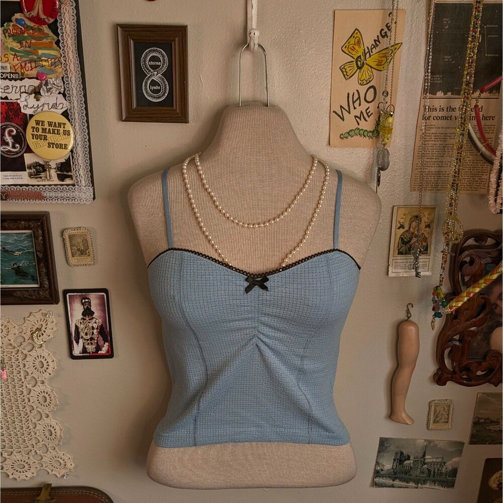 Knit Lace Bow Cami Tank Top Women's Large/XL Light Blue